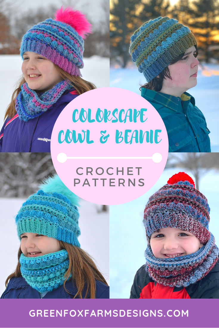 colorscape pin 1 Colorscape Cowl and Beanie Crochet Patterns make for a super cozy set! Designed for use with beautiful Red Heart Colorscape yarn. Fun textured beanie and cowl are both one skein projects. Perfect Winter Crochet Patterns for kids and adults to enjoy! www.greenfoxfarmsdesigns.com