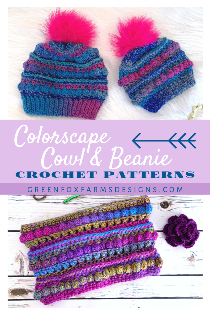 colorscape pin 3 Colorscape Cowl and Beanie Crochet Patterns make for a super cozy set! Designed for use with beautiful Red Heart Colorscape yarn. Fun textured beanie and cowl are both one skein projects. Perfect Winter Crochet Patterns for kids and adults to enjoy! www.greenfoxfarmsdesigns.com
