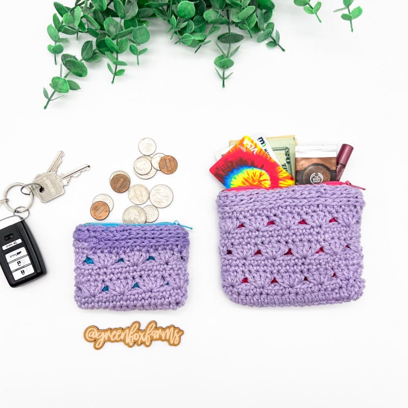 Handy Zipper Pouches Crochet Pattern with Sweet Stripes Stitch in Purple Yarn - 4 Sizes