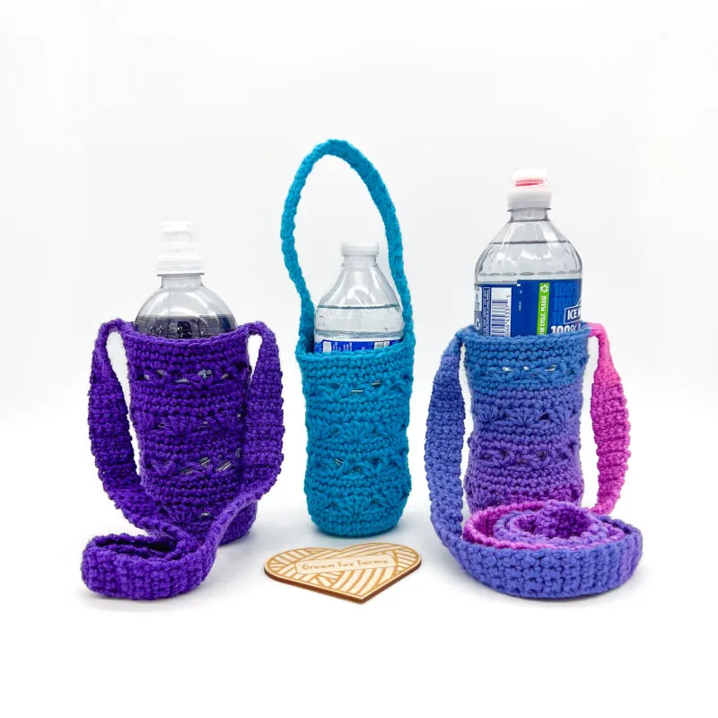 Sweet Stripes Crochet Water Bottle Holder Pattern by Green Fox Farms Designs © 2025 web