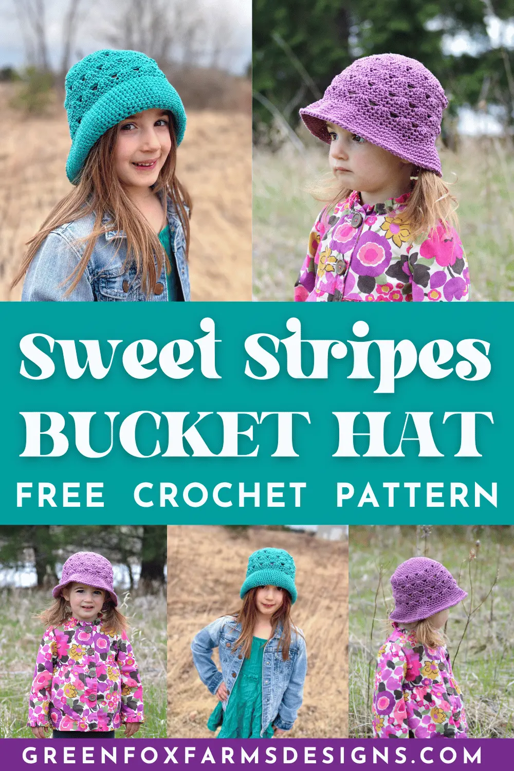 Sweet Stripes Friendship Square Crochet Pattern image with colorful crocheted afghan squares in purple, blue, coral, and mint green by www.greenfoxfarmsdesigns.com