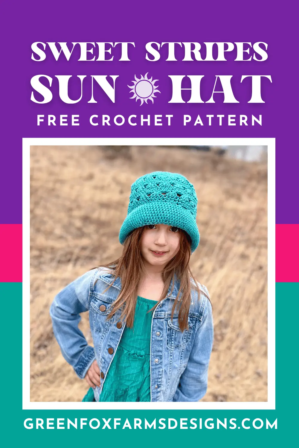 Sweet Stripes Friendship Square Crochet Pattern image with colorful crocheted afghan squares in purple, blue, coral, and mint green by www.greenfoxfarmsdesigns.com