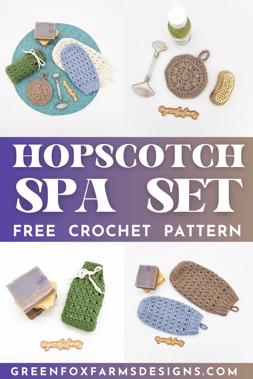 Sweet Stripes Friendship Square Crochet Pattern image with colorful crocheted afghan squares in purple, blue, coral, and mint green by www.greenfoxfarmsdesigns.com