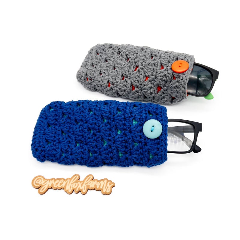 Hopscotch Eyeglass and Sunglasses Cases in gray and blue yarn