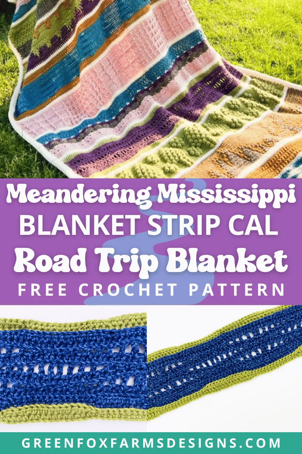 Sweet Stripes Friendship Square Crochet Pattern image with colorful crocheted afghan squares in purple, blue, coral, and mint green by www.greenfoxfarmsdesigns.com