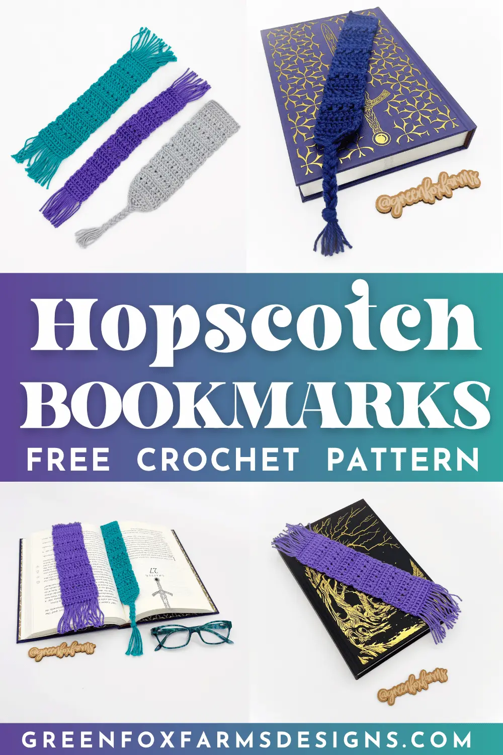 Sweet Stripes Friendship Square Crochet Pattern image with colorful crocheted afghan squares in purple, blue, coral, and mint green by www.greenfoxfarmsdesigns.com