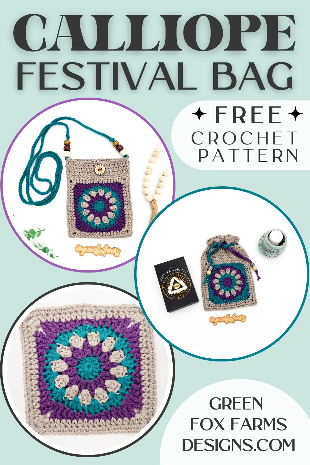 Sweet Stripes Friendship Square Crochet Pattern image with colorful crocheted afghan squares in purple, blue, coral, and mint green by www.greenfoxfarmsdesigns.com