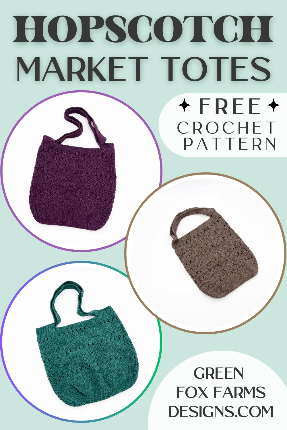 Sweet Stripes Friendship Square Crochet Pattern image with colorful crocheted afghan squares in purple, blue, coral, and mint green by www.greenfoxfarmsdesigns.com
