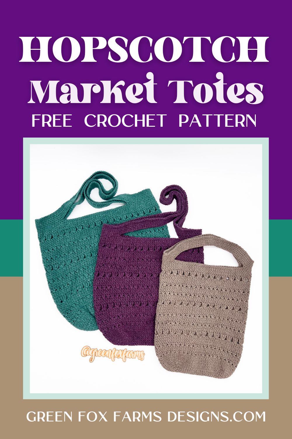 Sweet Stripes Friendship Square Crochet Pattern image with colorful crocheted afghan squares in purple, blue, coral, and mint green by www.greenfoxfarmsdesigns.com