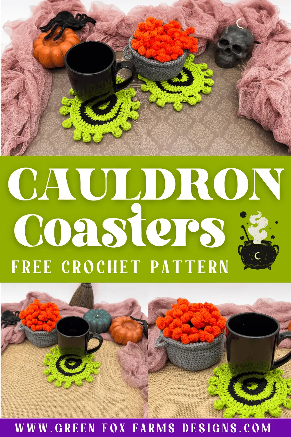 Easy Crochet Cauldron Coasters Pattern - Green Fox Farms Designs - PINS 1 crochet 1