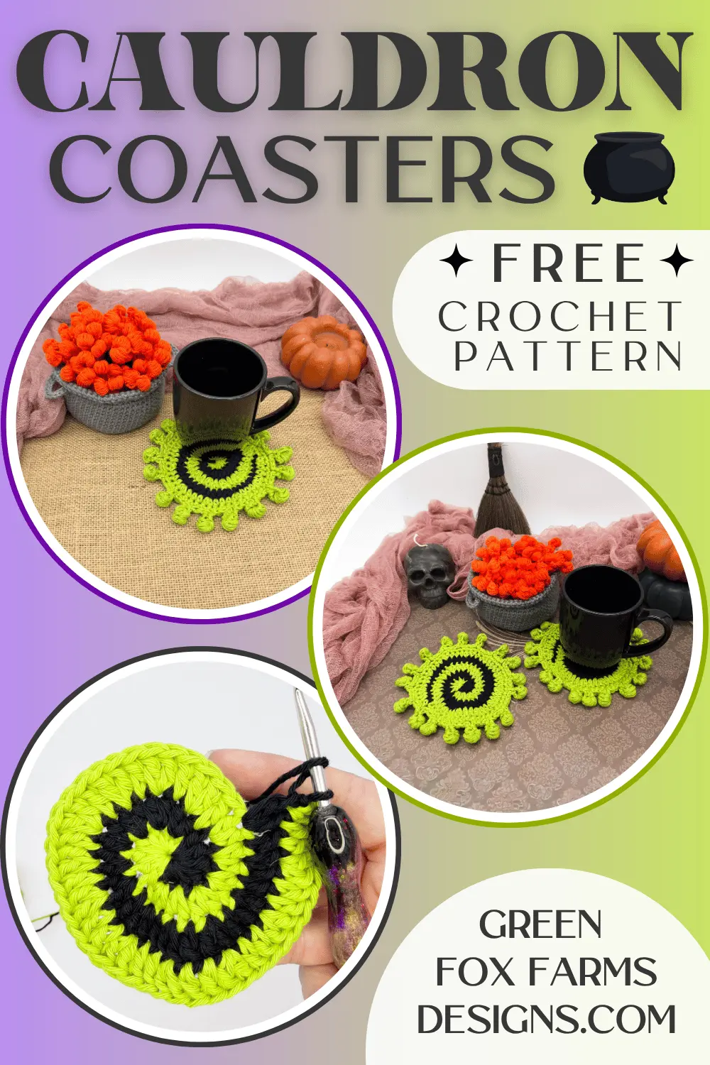 Easy Crochet Cauldron Coasters Pattern - Green Fox Farms Designs - PINS 3 crochet 3