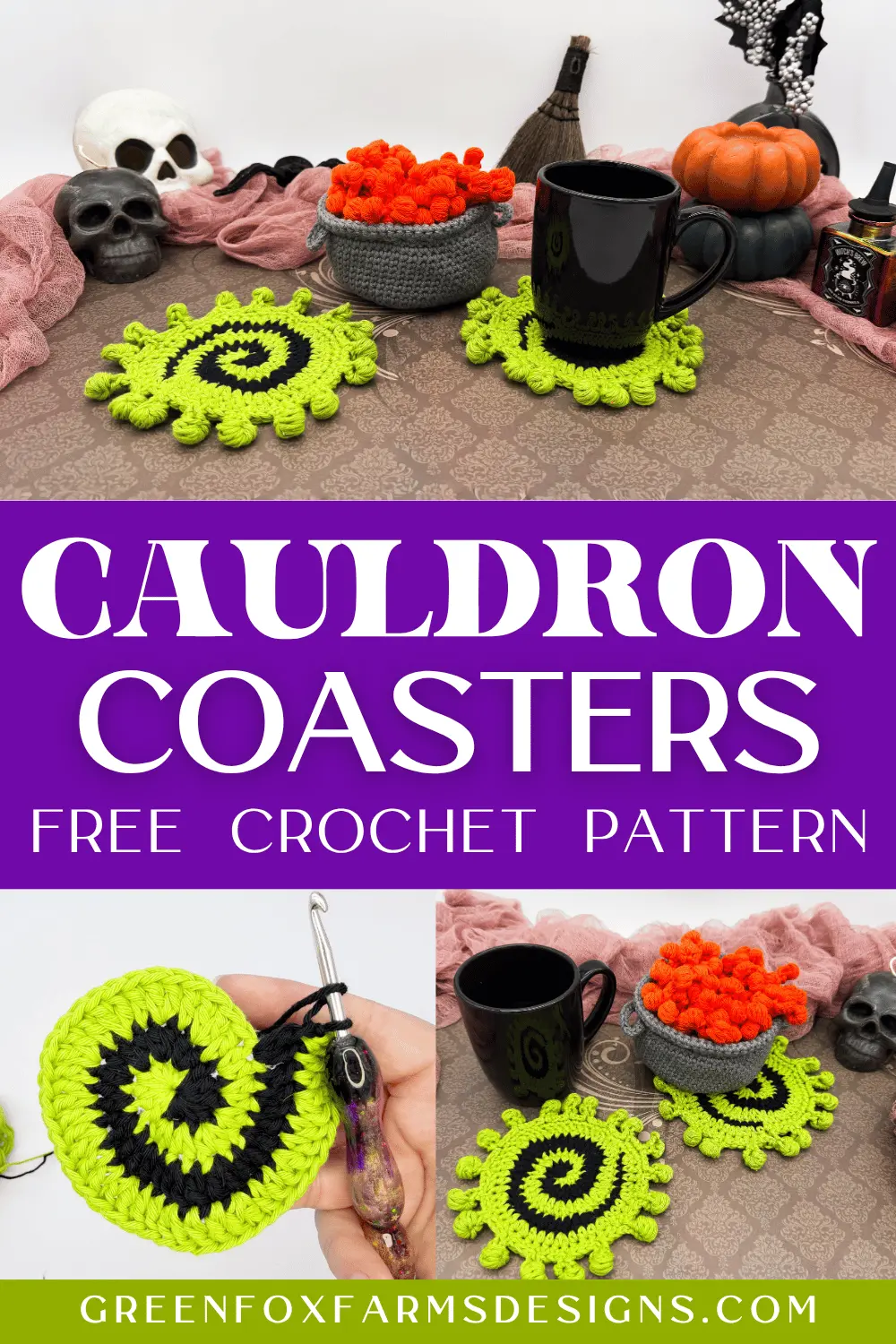 Easy Crochet Cauldron Coasters Pattern - Green Fox Farms Designs - PINS 4 Sweet Stripes Friendship Square Crochet Pattern image with colorful crocheted afghan squares in purple, blue, coral, and mint green by www.greenfoxfarmsdesigns.com