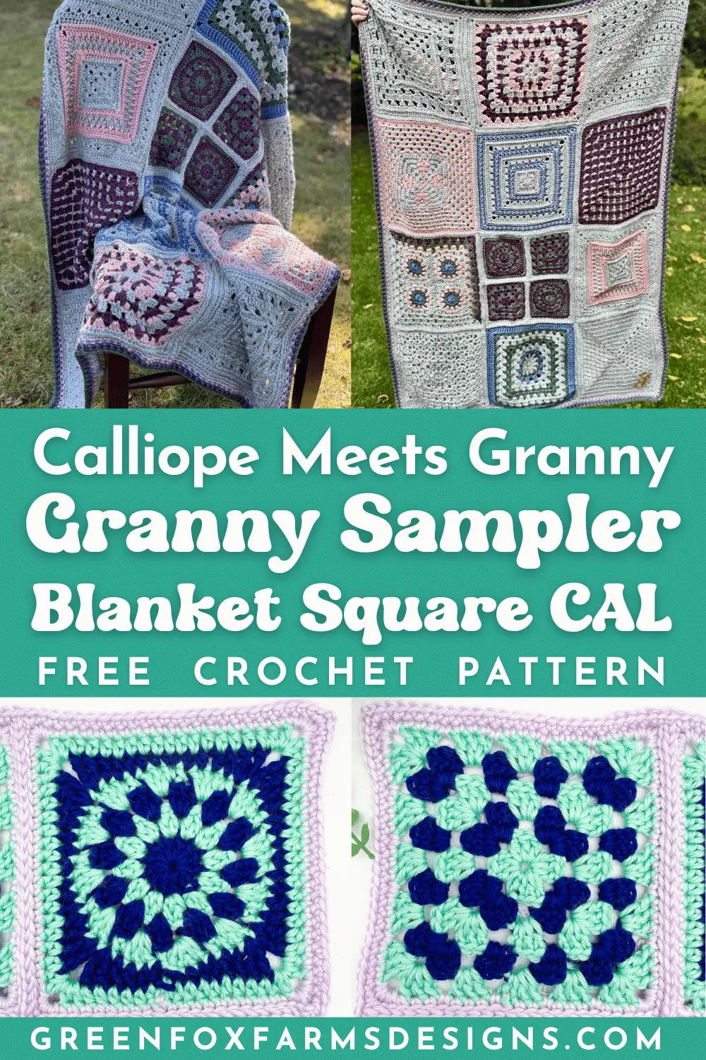 Sweet Stripes Friendship Square Crochet Pattern image with colorful crocheted afghan squares in purple, blue, coral, and mint green by www.greenfoxfarmsdesigns.com