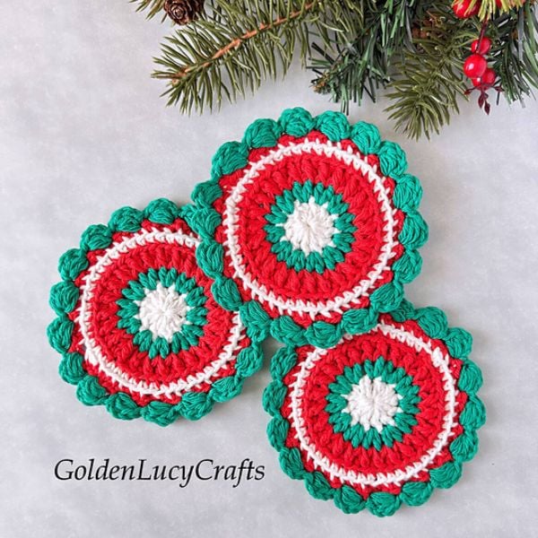 Crochet Christmas Coaster Pattern Free by Golden Lucy Crafts Crochet Christmas Coaster Pattern Free by Golden Lucy Crafts