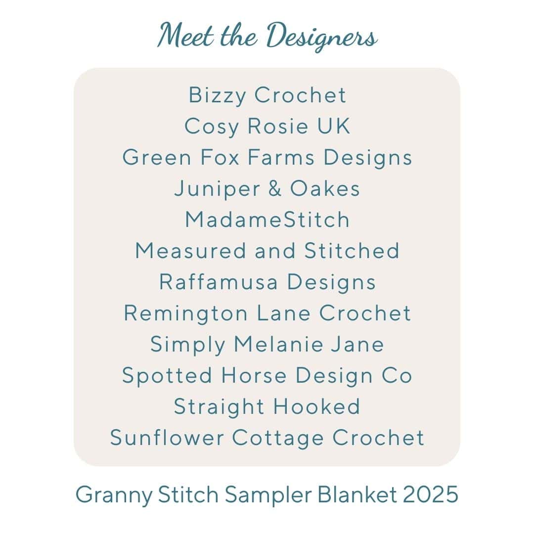 Meet the Designers graphic for the 2025 Granny Stitch Sampler Blanket by Madame Stitch!
