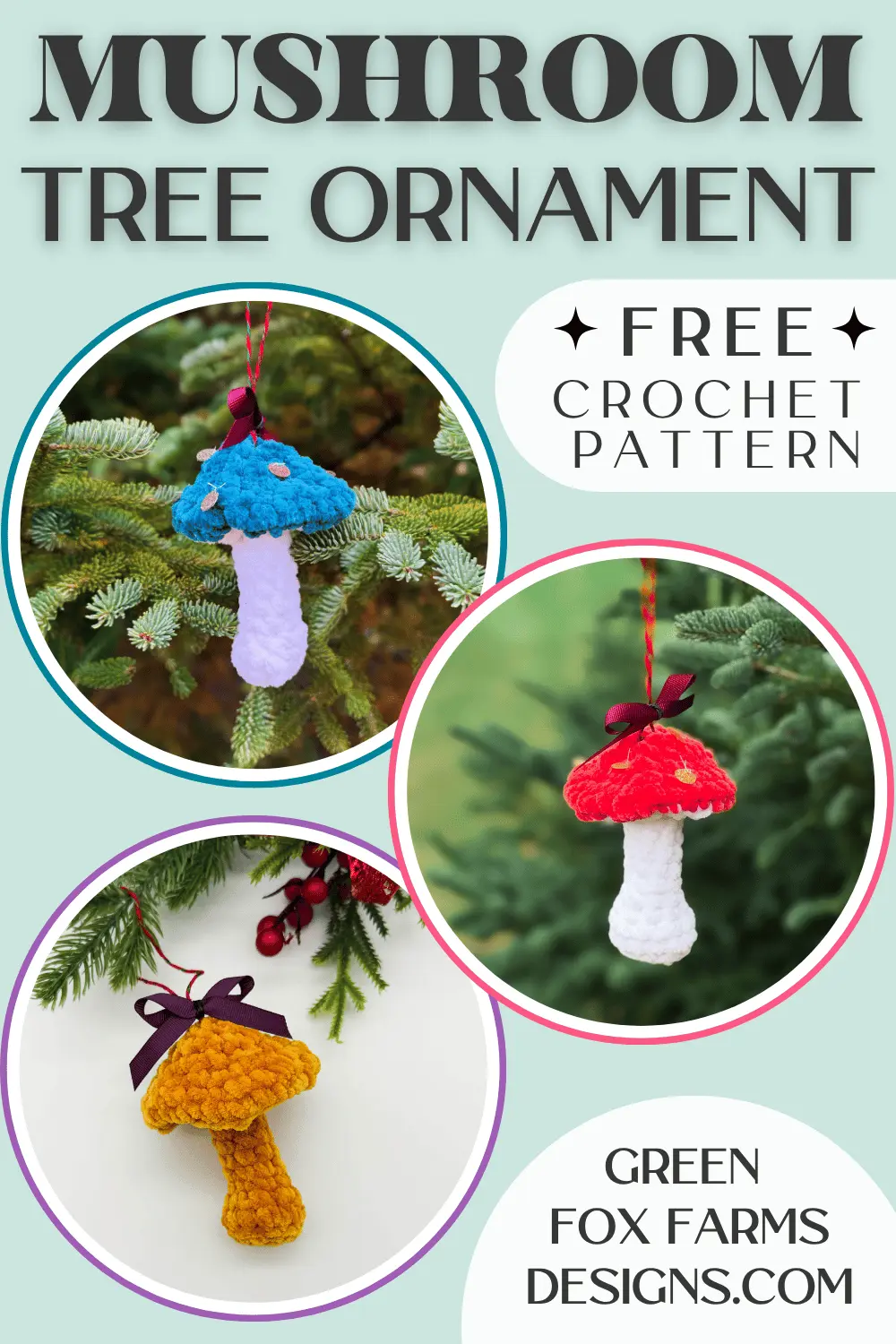 Mushroom Free Crochet Christmas Tree Ornament Pattern - Green Fox Farms Designs - PIN 3 Sweet Stripes Friendship Square Crochet Pattern image with colorful crocheted afghan squares in purple, blue, coral, and mint green by www.greenfoxfarmsdesigns.com