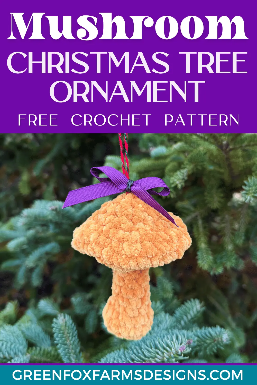 Mushroom Free Crochet Christmas Tree Ornament Pattern - Green Fox Farms Designs - PIN 8 Sweet Stripes Friendship Square Crochet Pattern image with colorful crocheted afghan squares in purple, blue, coral, and mint green by www.greenfoxfarmsdesigns.com