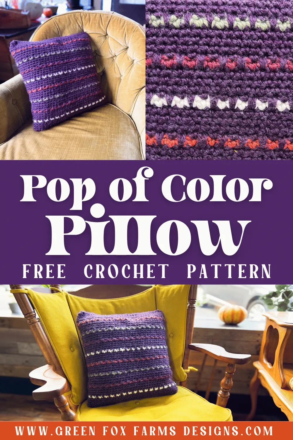 Sweet Stripes Friendship Square Crochet Pattern image with colorful crocheted afghan squares in purple, blue, coral, and mint green by www.greenfoxfarmsdesigns.com