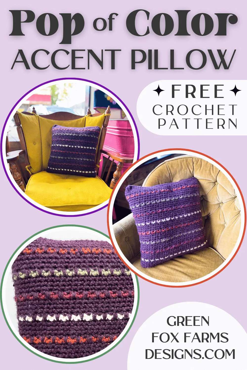 Sweet Stripes Friendship Square Crochet Pattern image with colorful crocheted afghan squares in purple, blue, coral, and mint green by www.greenfoxfarmsdesigns.com