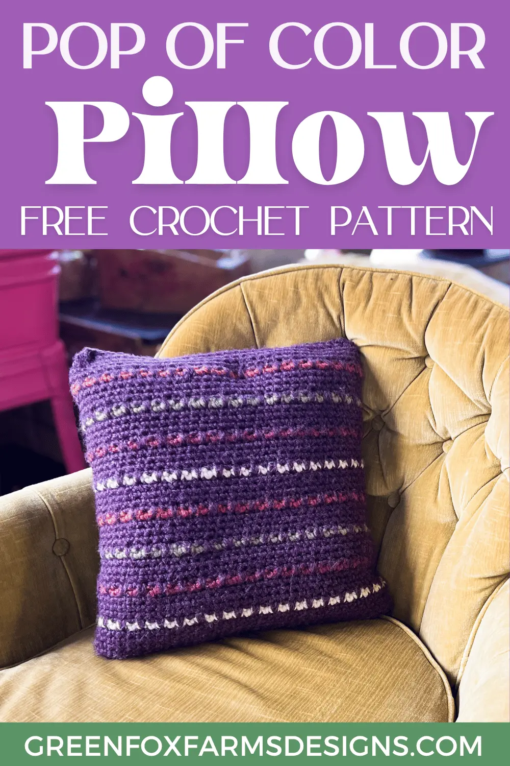 Sweet Stripes Friendship Square Crochet Pattern image with colorful crocheted afghan squares in purple, blue, coral, and mint green by www.greenfoxfarmsdesigns.com