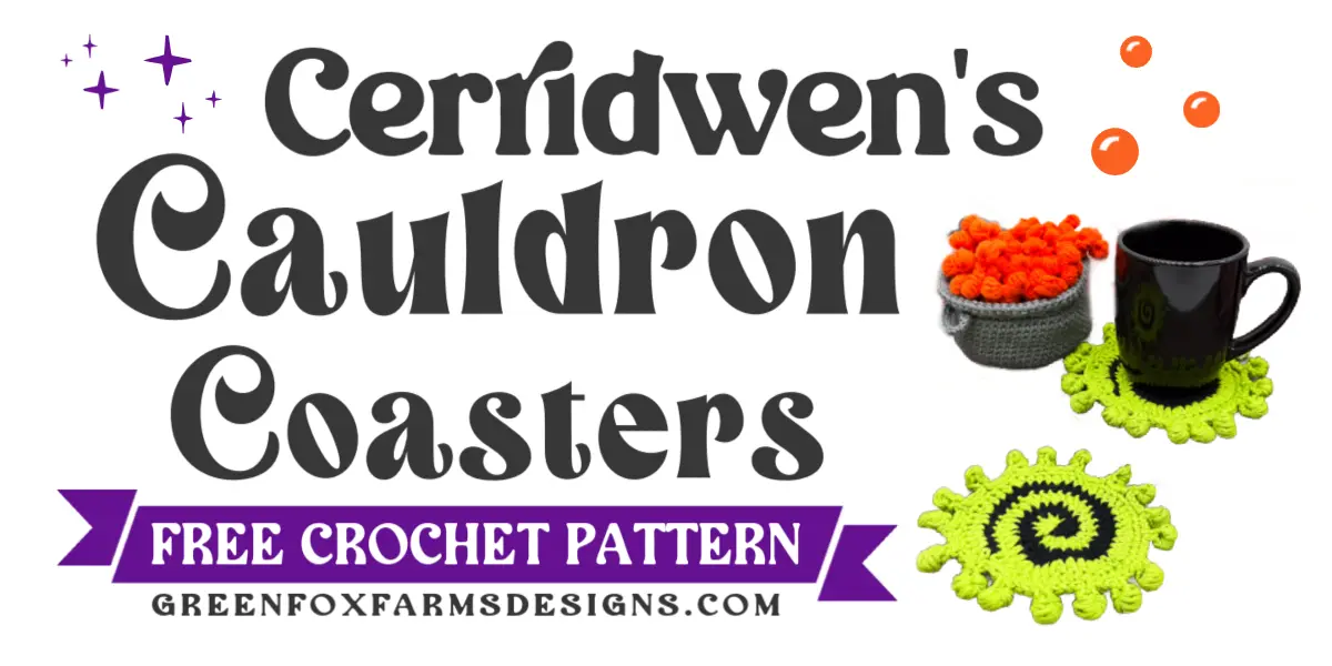 cerridwen's free easy crochet cauldron coasters pattern blog graphic Farmhouse Pumpkins Crochet Pattern makes for stunning handmade fall home decor. Free Crochet Pattern for rustic pumpkins that look knit. Crochet your own set of small and large Halloween Pumpkins with this quick crochet pattern. Crochet Colorful Pumpkins with cinnamon sticks for the perfect Thanksgiving table decorations. Crochet a pumpkin with this free crochet pattern by greenfoxfarmsdesigns.com