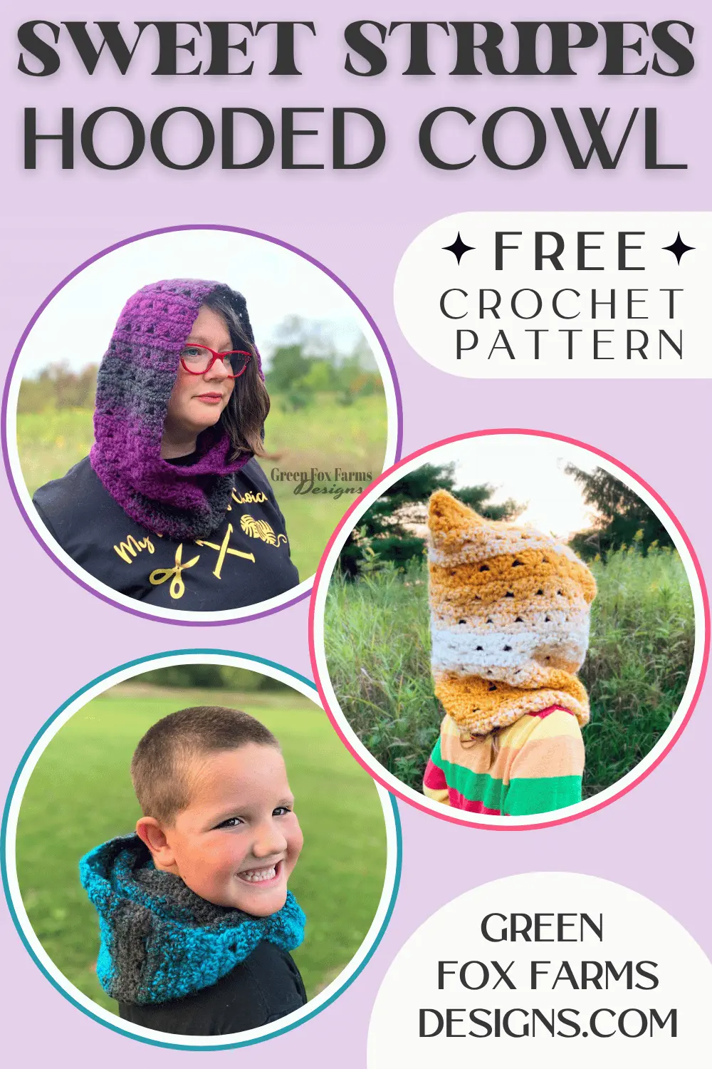 Sweet Stripes Crochet Hooded Cowl Free Pattern - Green Fox Farms Designs - PINS 3 Sweet Stripes Friendship Square Crochet Pattern image with colorful crocheted afghan squares in purple, blue, coral, and mint green by www.greenfoxfarmsdesigns.com