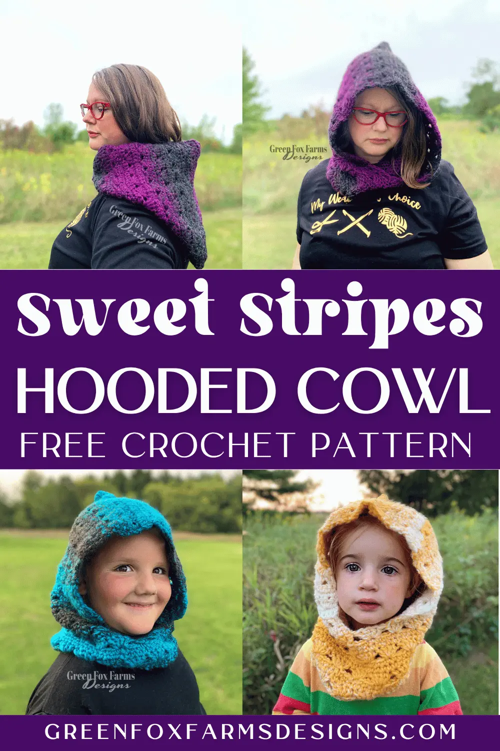 Sweet Stripes Crochet Hooded Cowl Free Pattern - Green Fox Farms Designs - PINS 5 Sweet Stripes Friendship Square Crochet Pattern image with colorful crocheted afghan squares in purple, blue, coral, and mint green by www.greenfoxfarmsdesigns.com