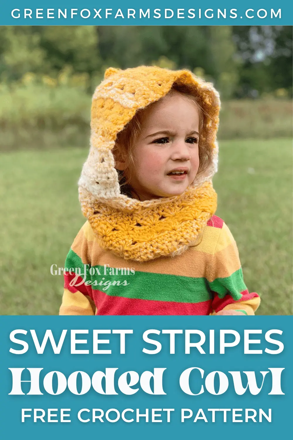 Sweet Stripes Crochet Hooded Cowl Free Pattern - Green Fox Farms Designs - PINS 7 Sweet Stripes Friendship Square Crochet Pattern image with colorful crocheted afghan squares in purple, blue, coral, and mint green by www.greenfoxfarmsdesigns.com