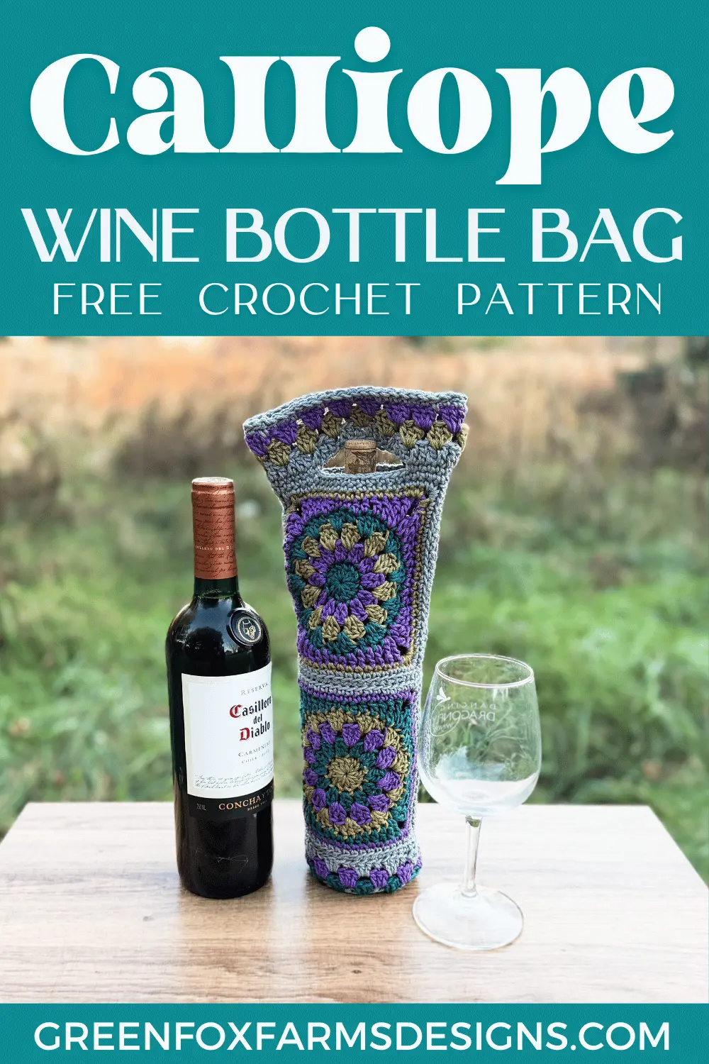 Calliope Crochet Wine Bottle Holder Pattern - Green Fox Farms Designs - PINS 2 Sweet Stripes Friendship Square Crochet Pattern image with colorful crocheted afghan squares in purple, blue, coral, and mint green by www.greenfoxfarmsdesigns.com
