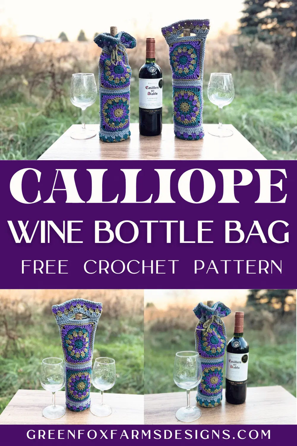Calliope Crochet Wine Bottle Holder Pattern - Green Fox Farms Designs - PINS 4 Meet the Designers graphic for the 2025 Granny Stitch Sampler Blanket by Madame Stitch!