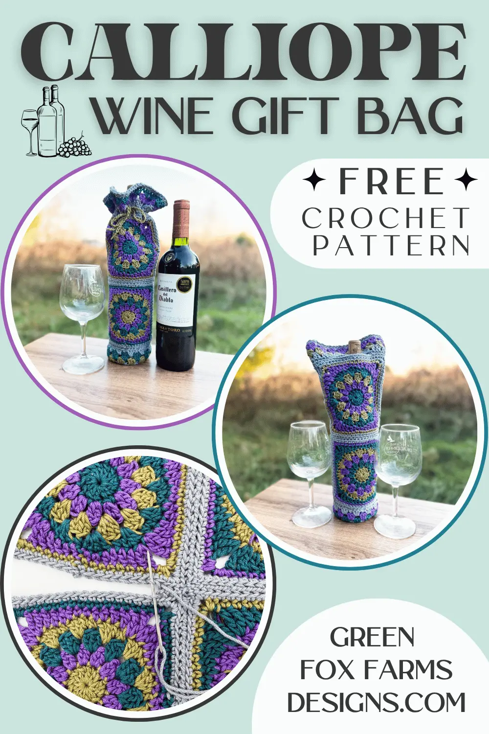 Calliope Crochet Wine Bottle Holder Pattern - Green Fox Farms Designs - PINS 5 Farmhouse Pumpkins Crochet Pattern makes for stunning handmade fall home decor. Free Crochet Pattern for rustic pumpkins that look knit. Crochet your own set of small and large Halloween Pumpkins with this quick crochet pattern. Crochet Colorful Pumpkins with cinnamon sticks for the perfect Thanksgiving table decorations. Crochet a pumpkin with this free crochet pattern by greenfoxfarmsdesigns.com
