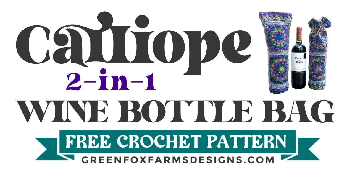 Calliope Crochet Wine Bottle Holder Pattern blog graphic Farmhouse Pumpkins Crochet Pattern makes for stunning handmade fall home decor. Free Crochet Pattern for rustic pumpkins that look knit. Crochet your own set of small and large Halloween Pumpkins with this quick crochet pattern. Crochet Colorful Pumpkins with cinnamon sticks for the perfect Thanksgiving table decorations. Crochet a pumpkin with this free crochet pattern by greenfoxfarmsdesigns.com