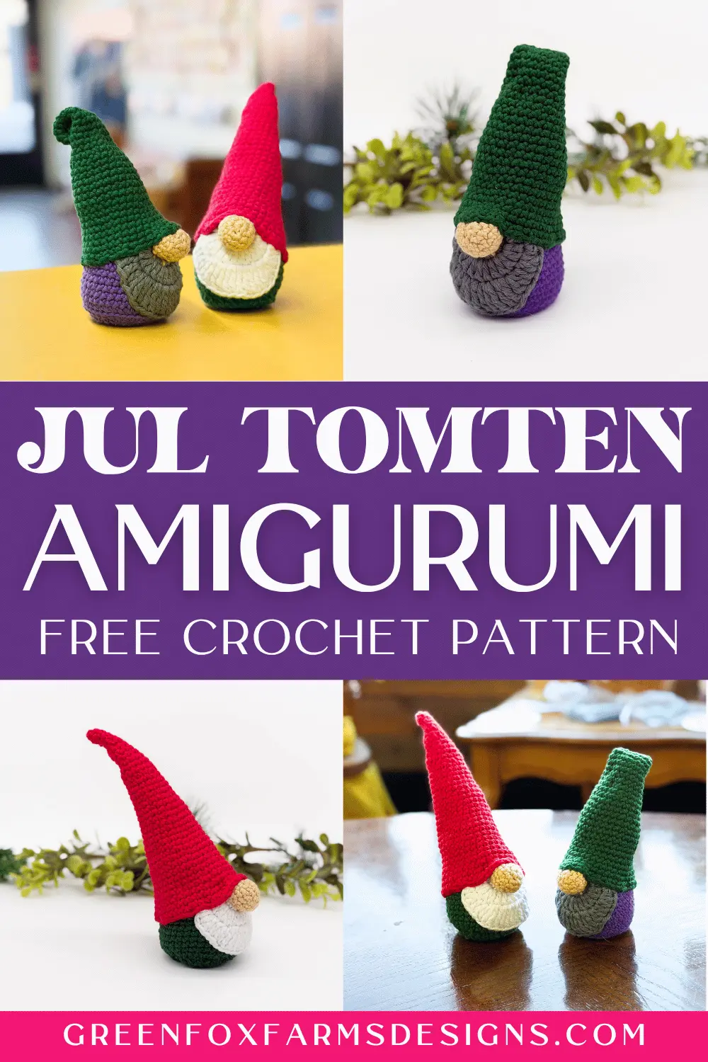 Jorik the Jul Tomten Free Crochet Gnome Pattern - Green Fox Farms Designs - PINS 5 Sweet Stripes Friendship Square Crochet Pattern image with colorful crocheted afghan squares in purple, blue, coral, and mint green by www.greenfoxfarmsdesigns.com