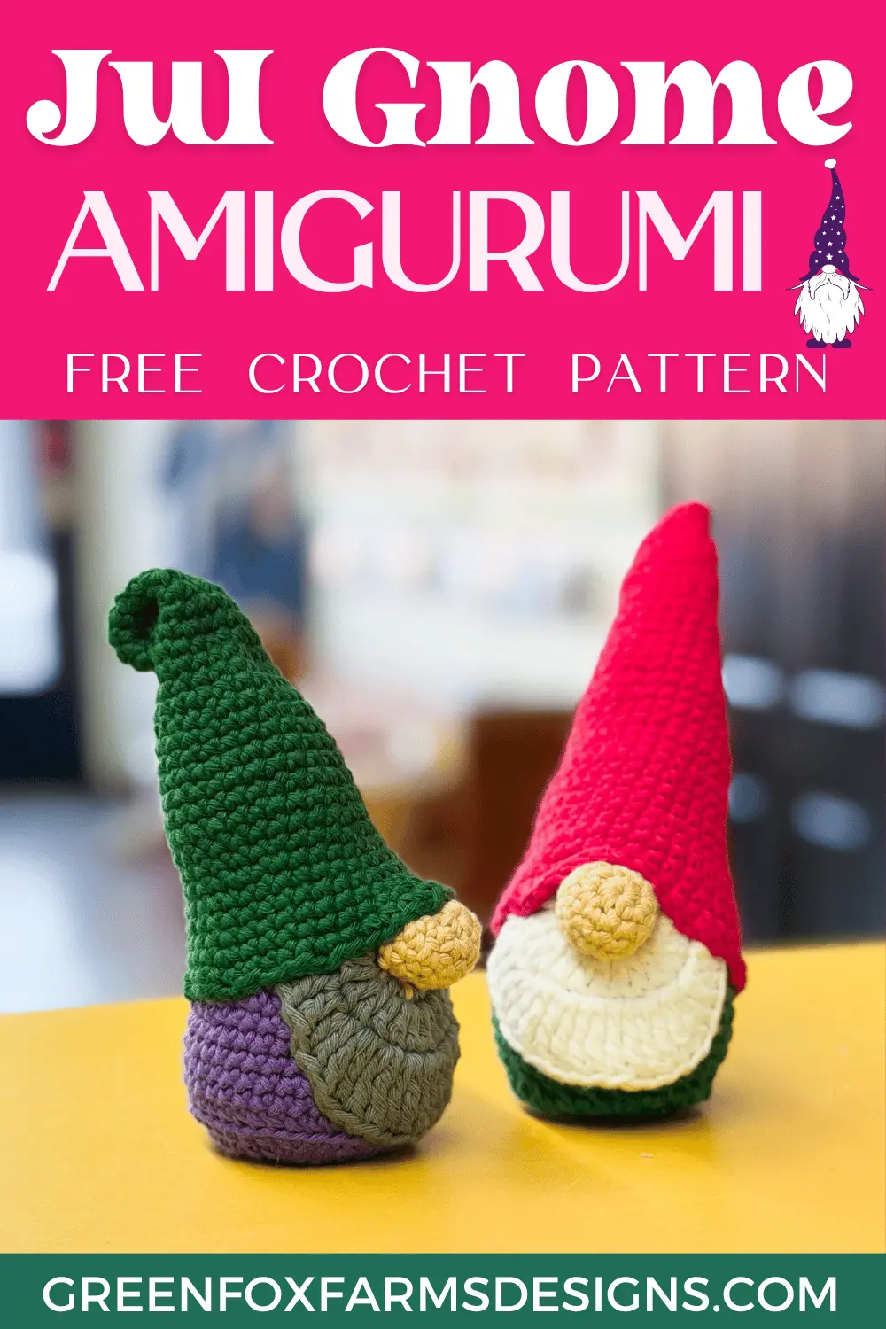 Jorik the Jul Tomten Free Crochet Gnome Pattern - Green Fox Farms Designs - PINS 8 Sweet Stripes Friendship Square Crochet Pattern image with colorful crocheted afghan squares in purple, blue, coral, and mint green by www.greenfoxfarmsdesigns.com