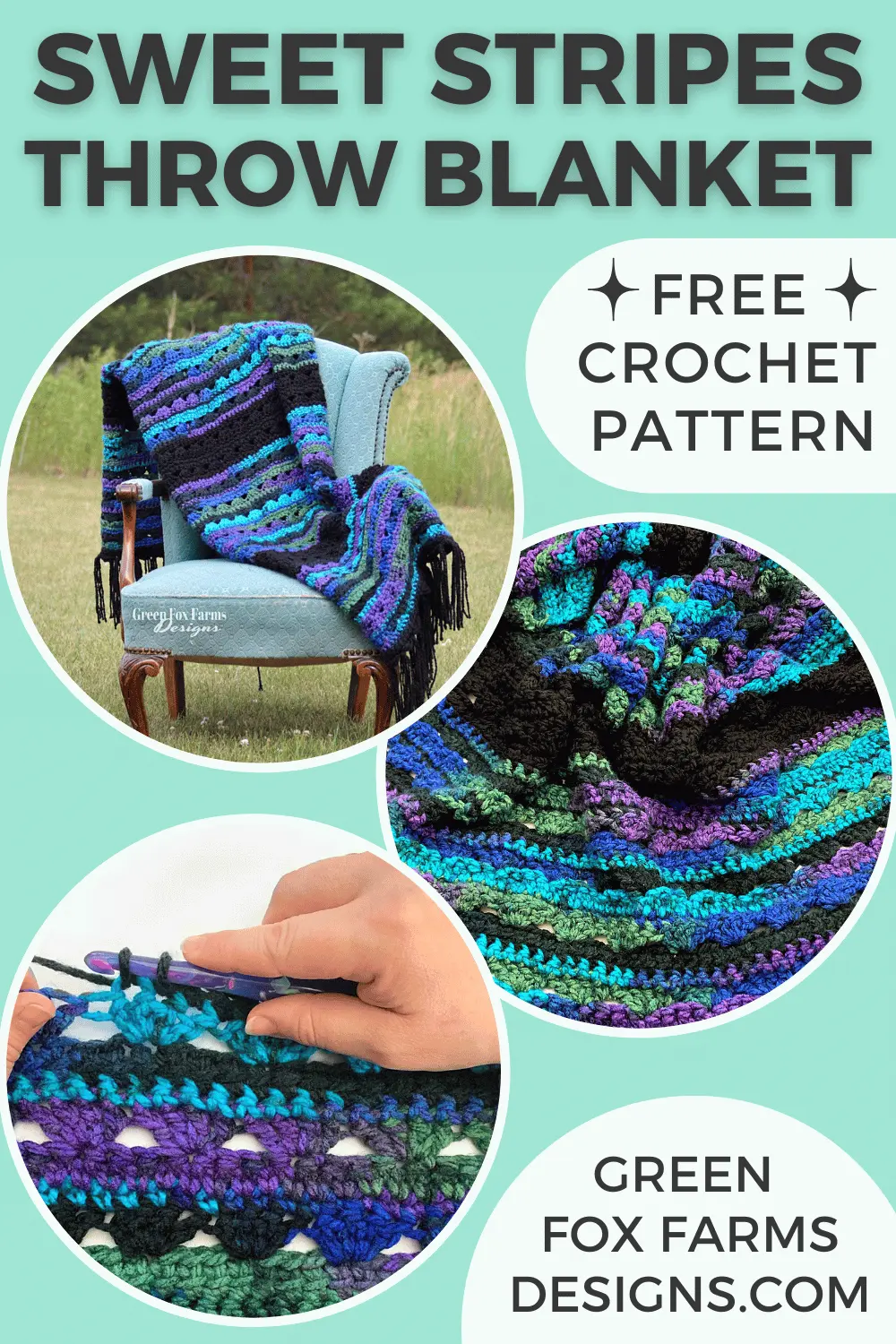 Beautiful Sweet Stripes Stockings in Red, Green, and Purple. Create your own handmade stockings with this crochet Christmas Stocking tutorial. Crochet a Stocking in Small, Medium, or Large sizes with this farmhouse Christmas Stocking crochet pattern by greenfoxfarmsdesigns.com