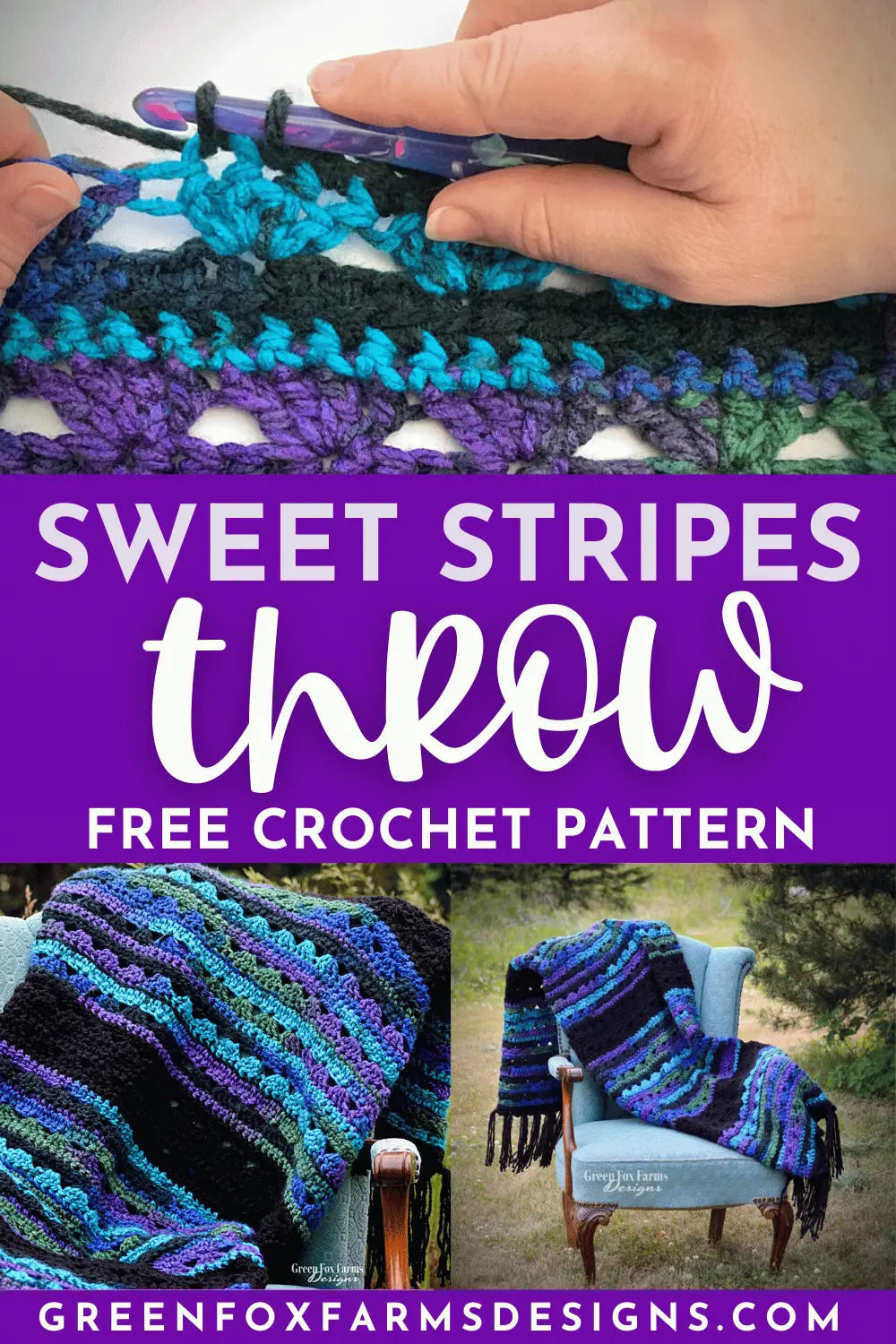 Beautiful Sweet Stripes Stockings in Red, Green, and Purple. Create your own handmade stockings with this crochet Christmas Stocking tutorial. Crochet a Stocking in Small, Medium, or Large sizes with this farmhouse Christmas Stocking crochet pattern by greenfoxfarmsdesigns.com