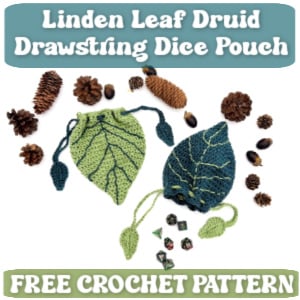 Druid linden leaf dice bag TN Cup of Love Coffee Cozy Free Crochet pattern