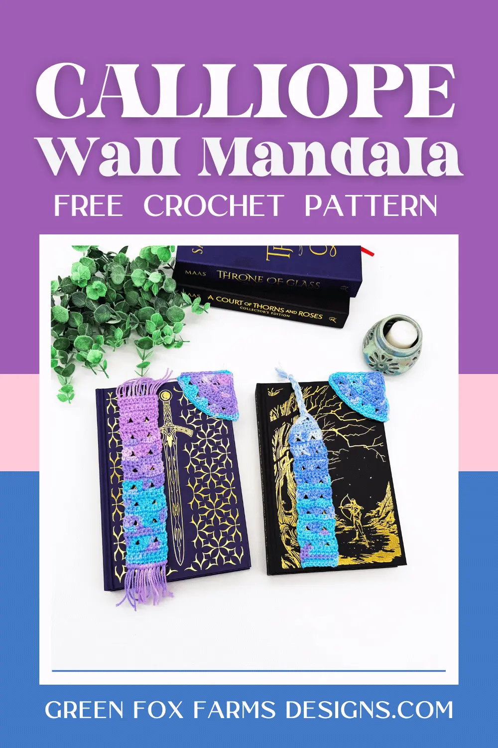 Free Sweet Stripes Easy Crochet Bookmark Pattern - Green Fox Farms Designs - PINS 4 Sweet Stripes Friendship Square Crochet Pattern image with colorful crocheted afghan squares in purple, blue, coral, and mint green by www.greenfoxfarmsdesigns.com