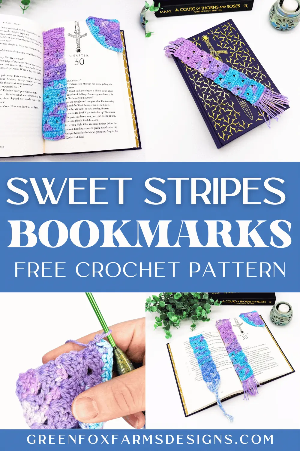 Free Sweet Stripes Easy Crochet Bookmark Pattern - Green Fox Farms Designs - PINS 5 Sweet Stripes Friendship Square Crochet Pattern image with colorful crocheted afghan squares in purple, blue, coral, and mint green by www.greenfoxfarmsdesigns.com