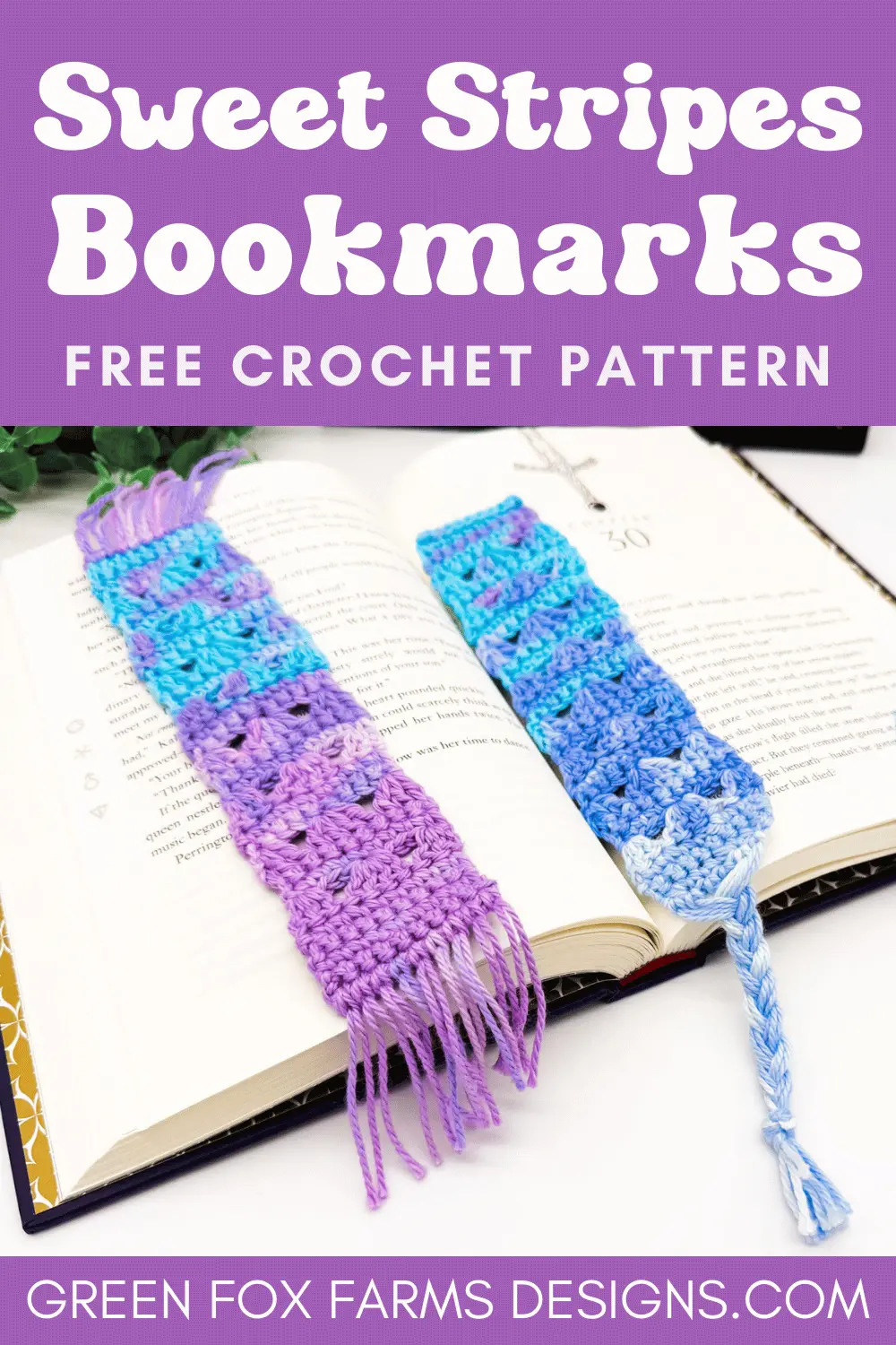 Free Sweet Stripes Easy Crochet Bookmark Pattern - Green Fox Farms Designs - PINS 6 Sweet Stripes Friendship Square Crochet Pattern image with colorful crocheted afghan squares in purple, blue, coral, and mint green by www.greenfoxfarmsdesigns.com