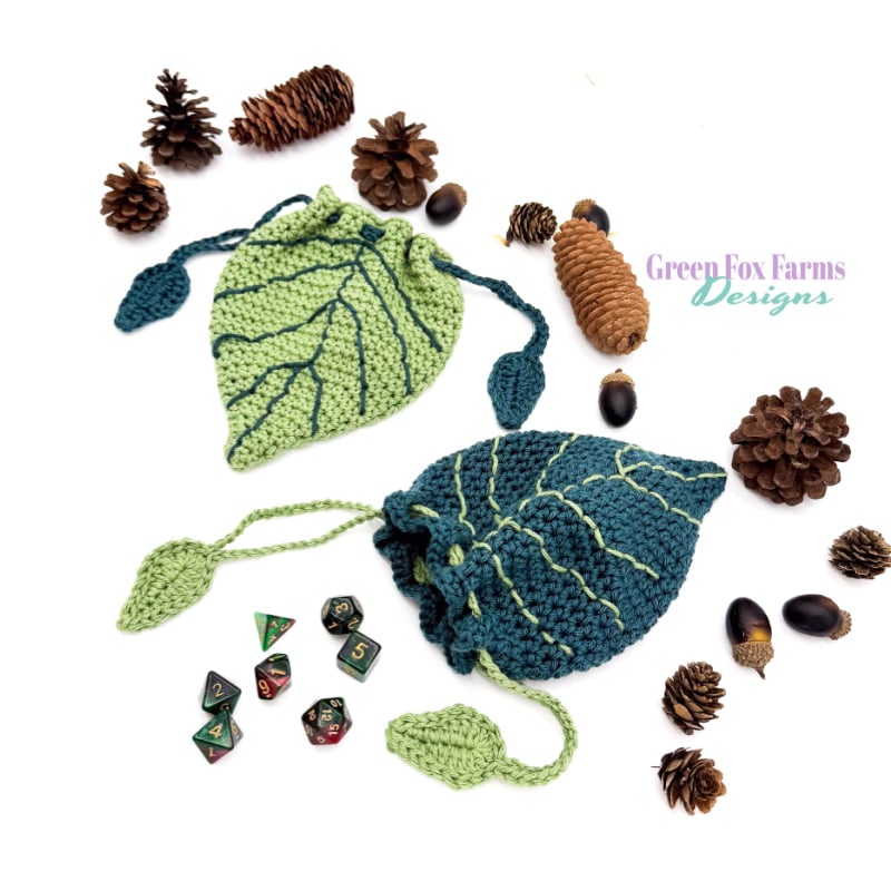 Linden Leaf Druid Dice Pouch Final-31 web Free Christmas Bauble Crochet Pattern - group of six in different colors