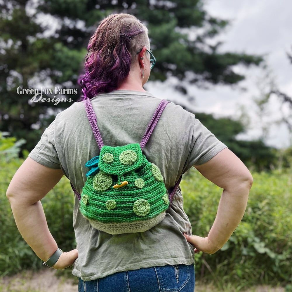 Faerie Forager Mushroom Backpack-60 SQ RAV Hopscotch book sleeve pattern by Green Fox Farms Designs