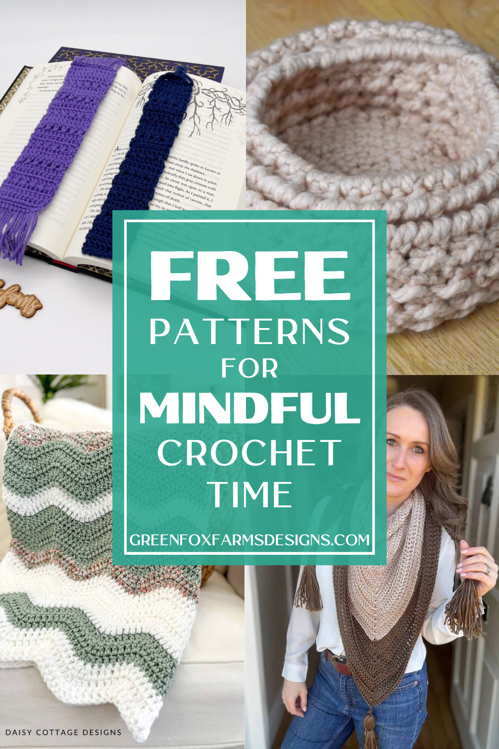 Collage Pin showing Mindful crochet patterns and easy stitch tutorials