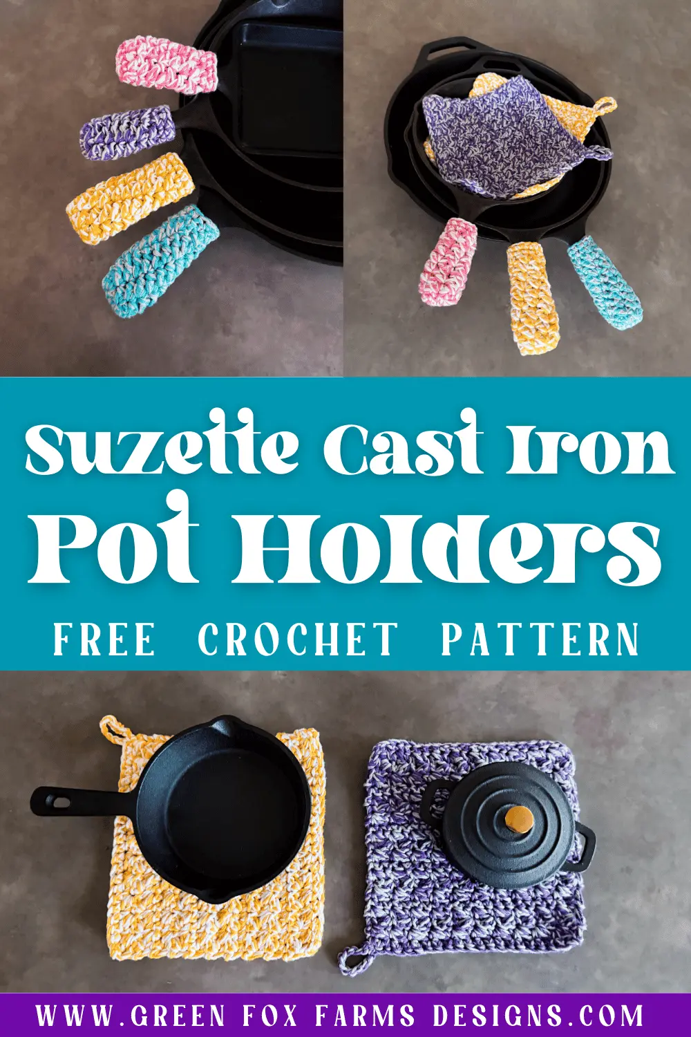 crochet Free Suzette Crochet Cast Iron Skillet Handle Cover Pot Holder Pattern Green Fox Farms Designs PIN 1