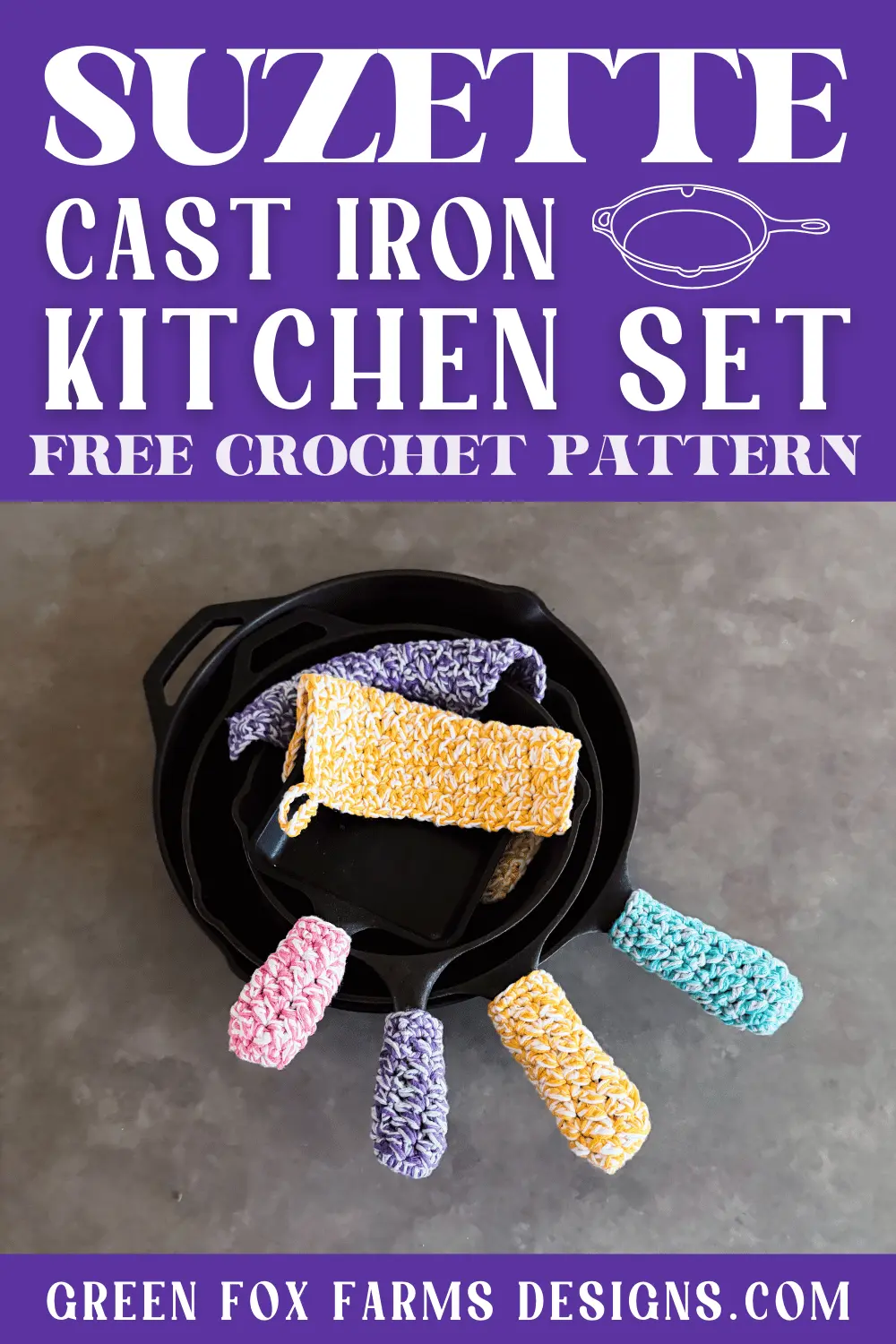 Sweet Stripes Friendship Square Crochet Pattern image with colorful crocheted afghan squares in purple, blue, coral, and mint green by www.greenfoxfarmsdesigns.com