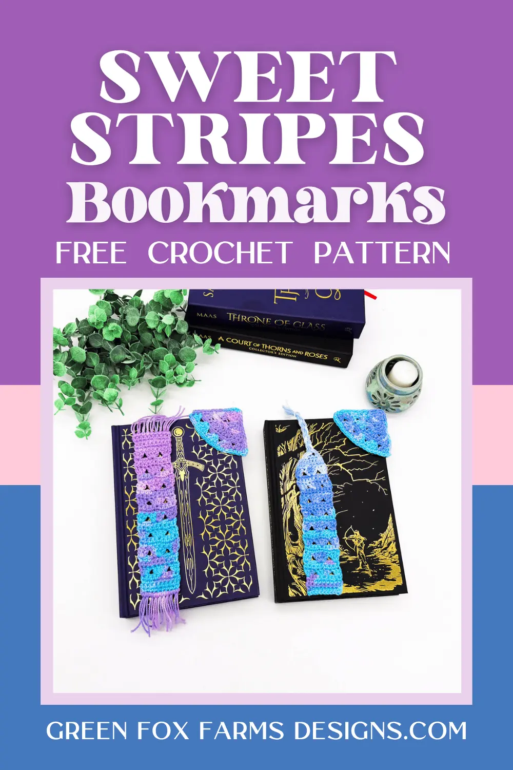 Free Sweet Stripes Easy Crochet Bookmark Pattern - Green Fox Farms Designs - PINS Sweet Stripes Friendship Square Crochet Pattern image with colorful crocheted afghan squares in purple, blue, coral, and mint green by www.greenfoxfarmsdesigns.com