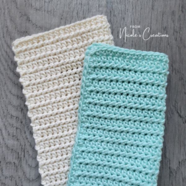 Two crocheted washcloths in different colors. Inlet Washcloth Crochet Pattern by From Nicole’s Creations