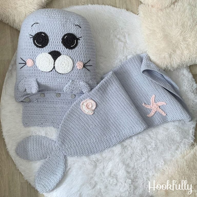 Crocheted seal sleeping bag and pillow. Sleepy Surprise Seal Sleeping Bag Pillow Crochet Pattern by Hookfully