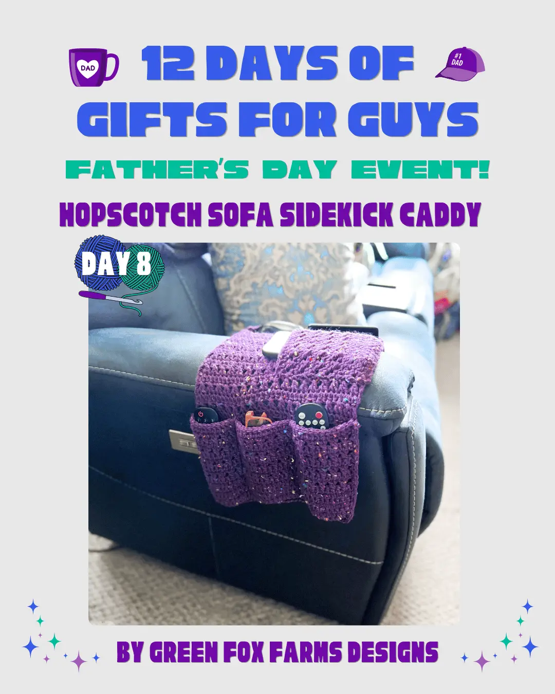 Fathers Day Crochet patterns blog hop hopscotch sofa sidekick by green fox farms designs gray