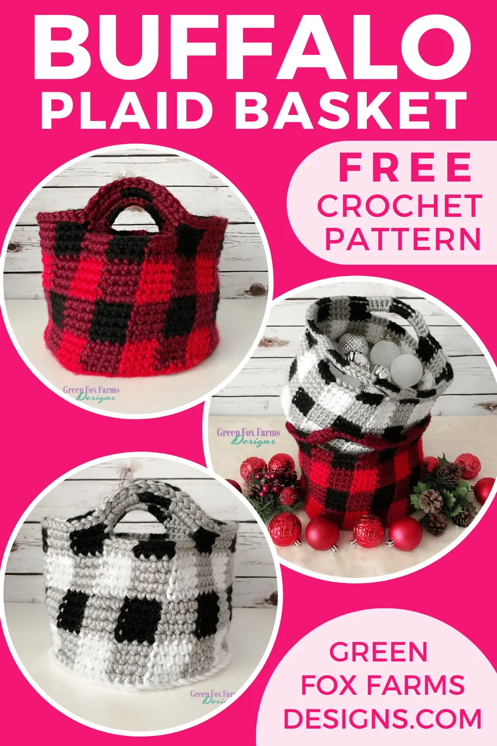 Free Buffalo Plaid Basket Crochet Pattern by Green Fox Farms Designs PIN 1 Gorgeous Red and Black Buffalo Plaid Basket Crochet Pattern. Black and White Buffalo Plaid Basket brings Farmhouse Chic to your holiday home decor. Crochet Pattern by greenfoxfarmsdesigns.com